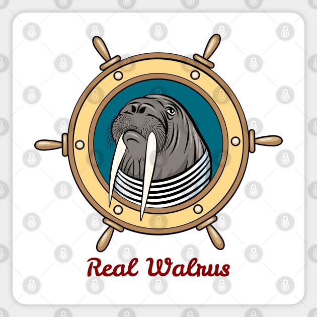 Walrus in seaman shirt against steering wheel drawn in cartoon style. Sticker by devaleta